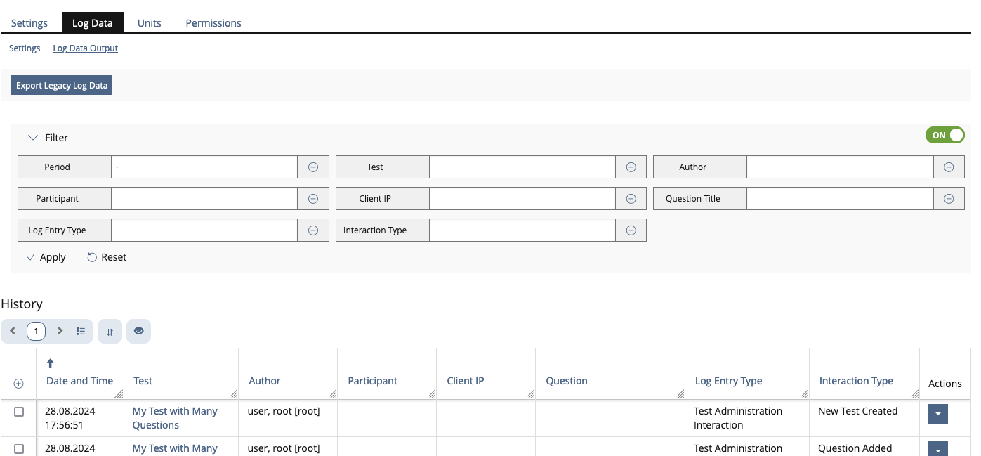 Shows a page with a button labeled "Export Legacy Log Data". The table showing the logs has been moved to the UI-Table (not part of this request).